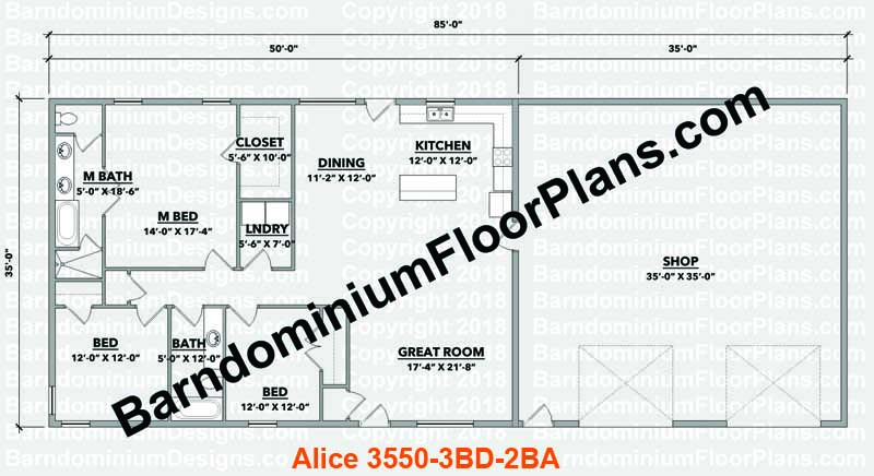 BarndominiumFloorPlans.com | Alice | 3 Bedroom | 2 Bathroom | 35 Foot Wide | Barndominium Floor Plans | Pole Barn House Plans | Metal Building Homes | Metal Barn