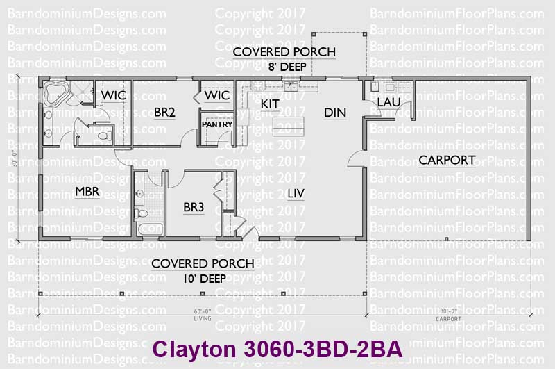BarndominiumFloorPlans.com | Clayton | 3 Bedroom | 2 Bathroom | 30 Foot Wide | Barndominium Floor Plans | Pole Barn House Plans | Metal Building Homes | Metal Barn