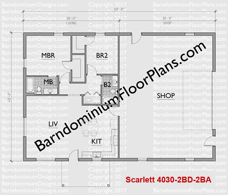 40 foot wide barndominium floor plan - Scarlett 2 Bedroom 2 Bath