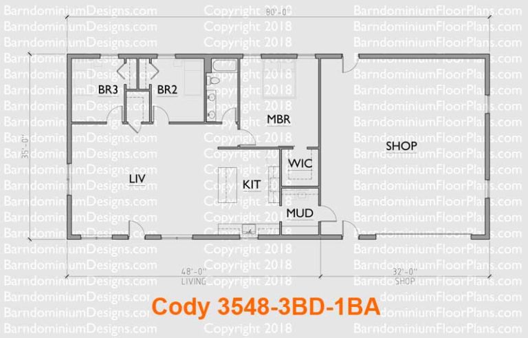 35 by 40 Barndominium floor plan 3 bedroom 1 bath - Cody