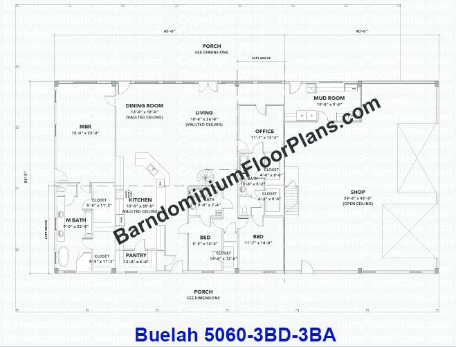 Beulah Barndominium 3 bedroom 3 bath floor plan with a loft