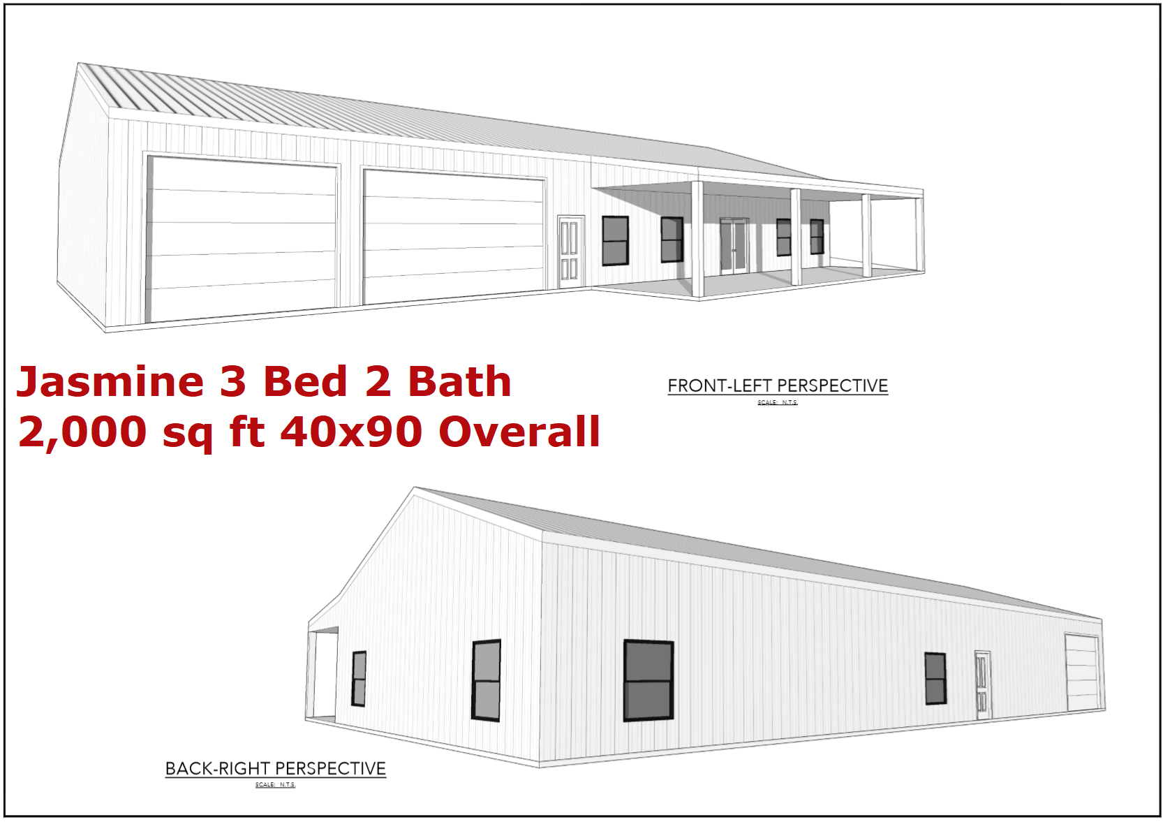  4 bedroom 2 bath Levi Barndominium 3D Elevation