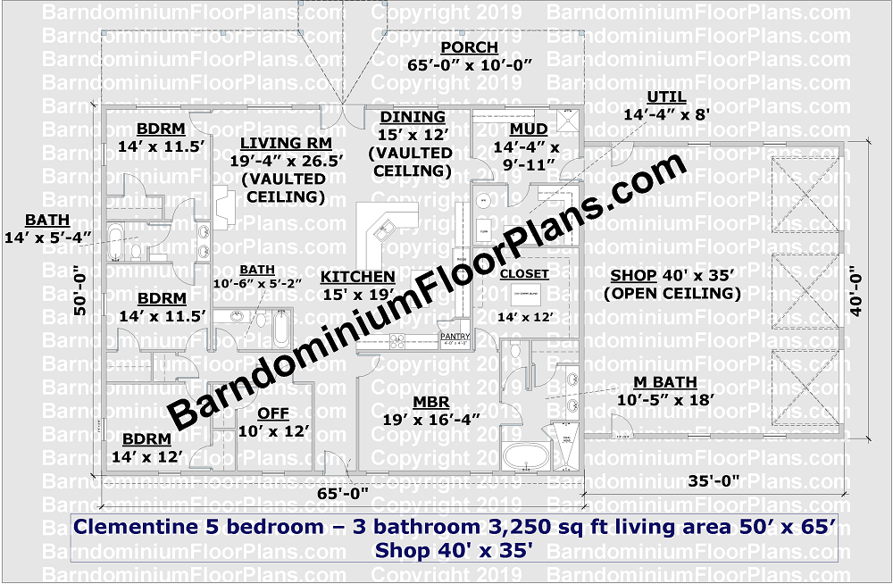 BarndominiumFloorPlans.com | Clementine| 5 Bedroom | Bathroom | 50 Foot Wide | Barndominium Floor Plans | Pole Barn House Plans | Metal Building Homes | Metal Barn