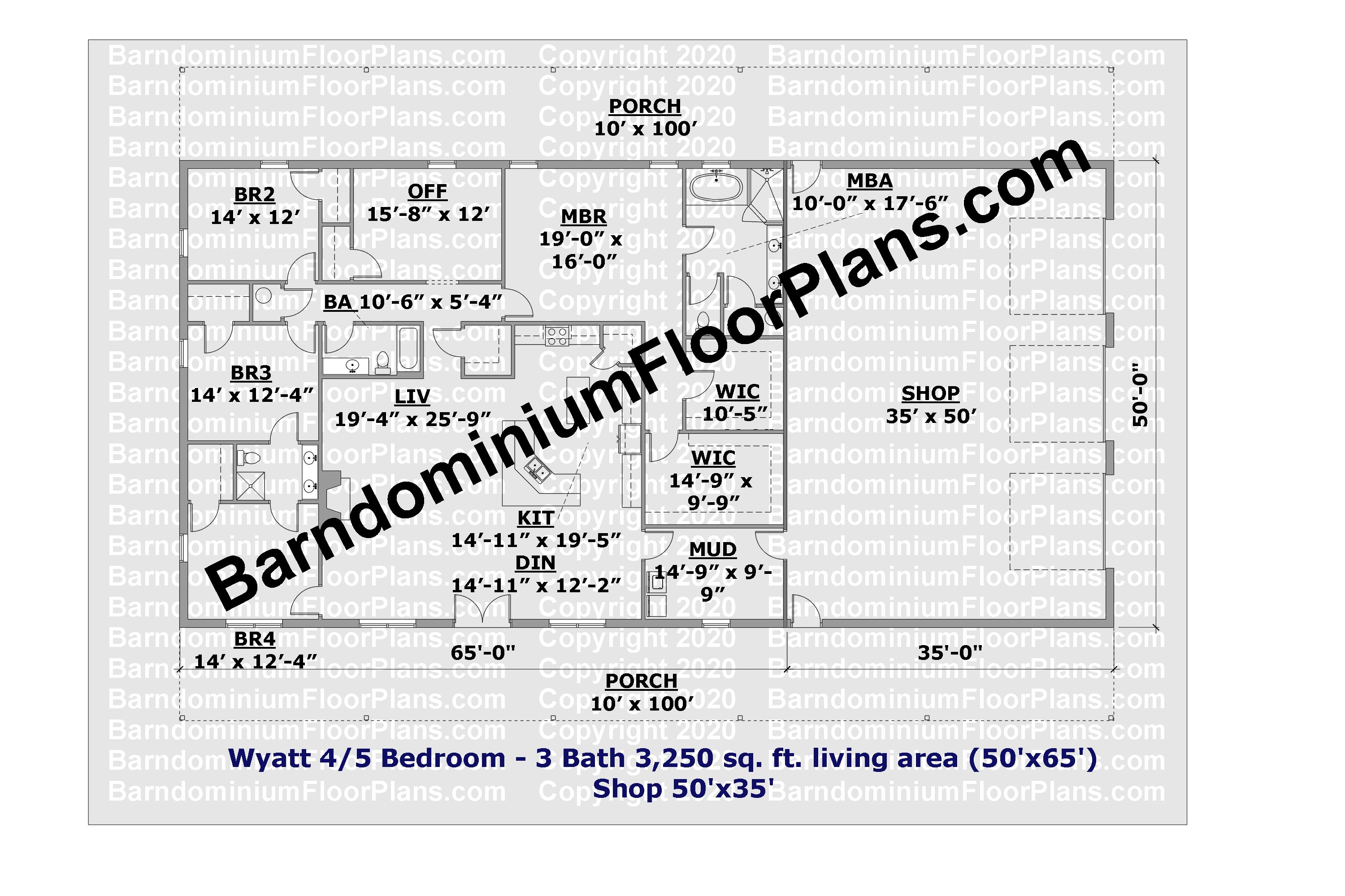 5 bedroom barndominium floor plan with 3 bathrooms 50 foot wide 3,250 sq.ft.- Wyatt