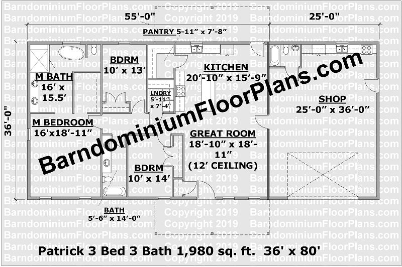 40 foot wide 2 bedroom 1 bath Barndominium Floor Plan - Autumn