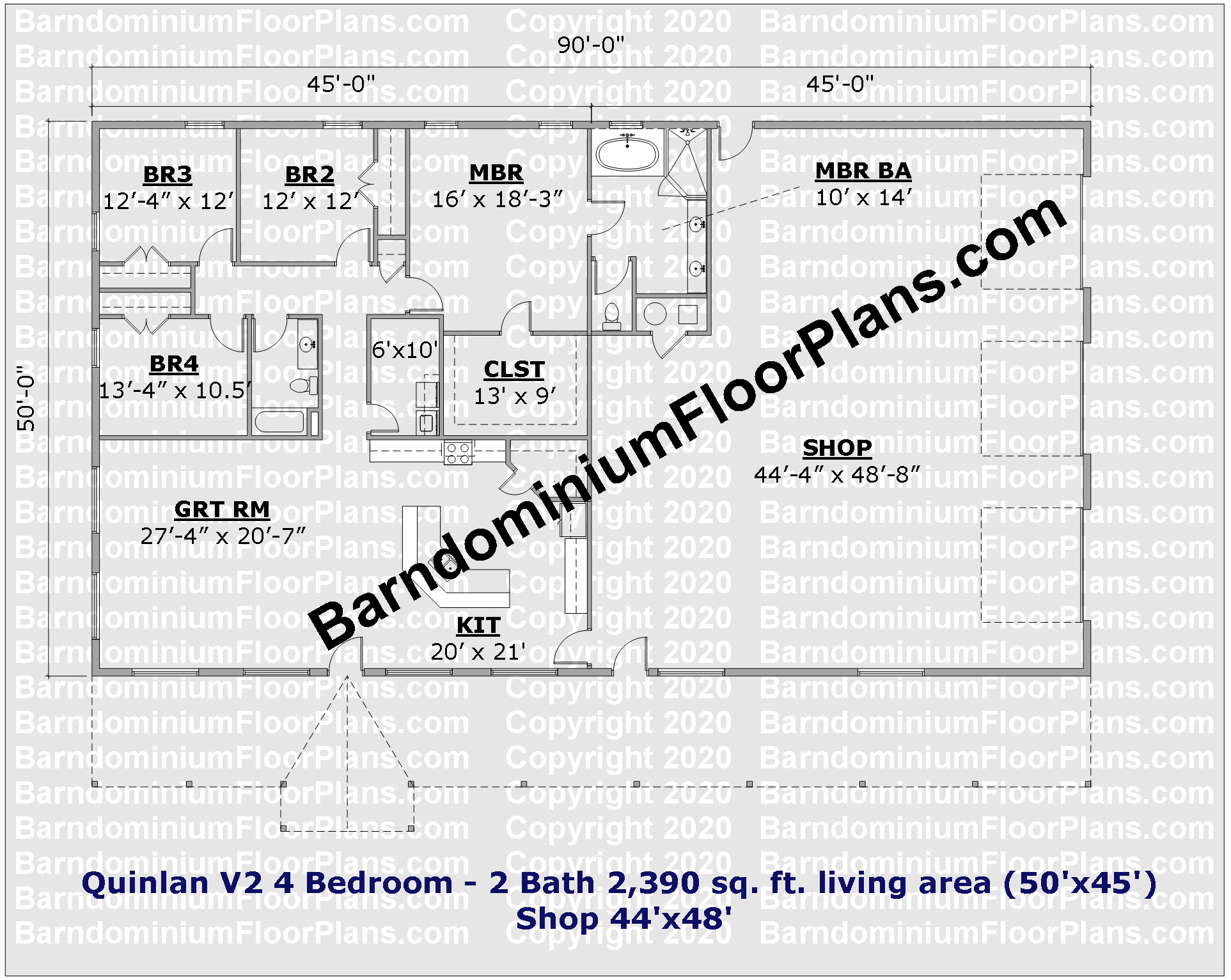 50 foot wide barndominium floor plan 4 bedroom 2 bath with garage - Quinlan