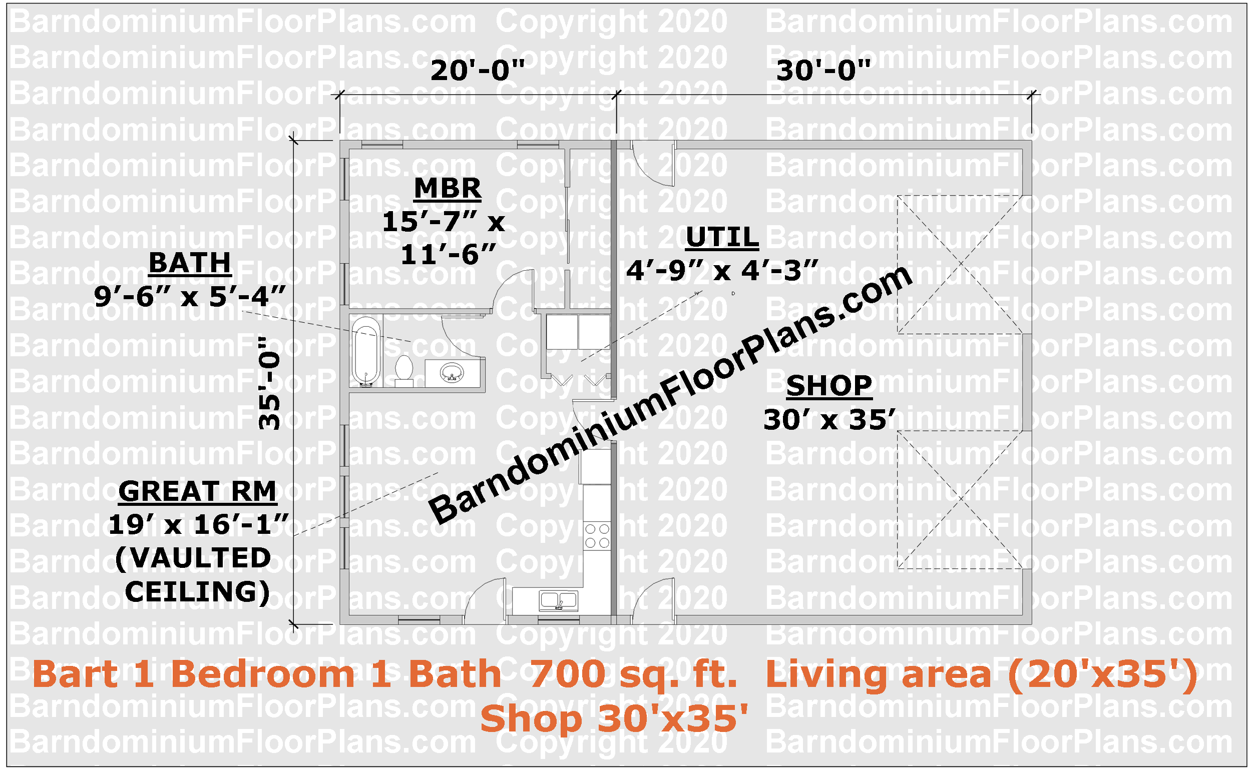 35 foot wide barndominium floor plan 1 bedroom 1 bath - Bart