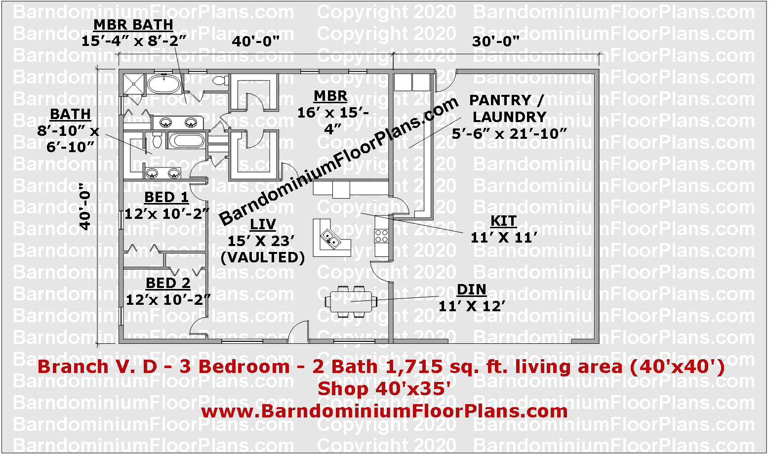 Branch V. D - 3 bed 2 bath 1715 sq ft barndominium plan 40 foot wide