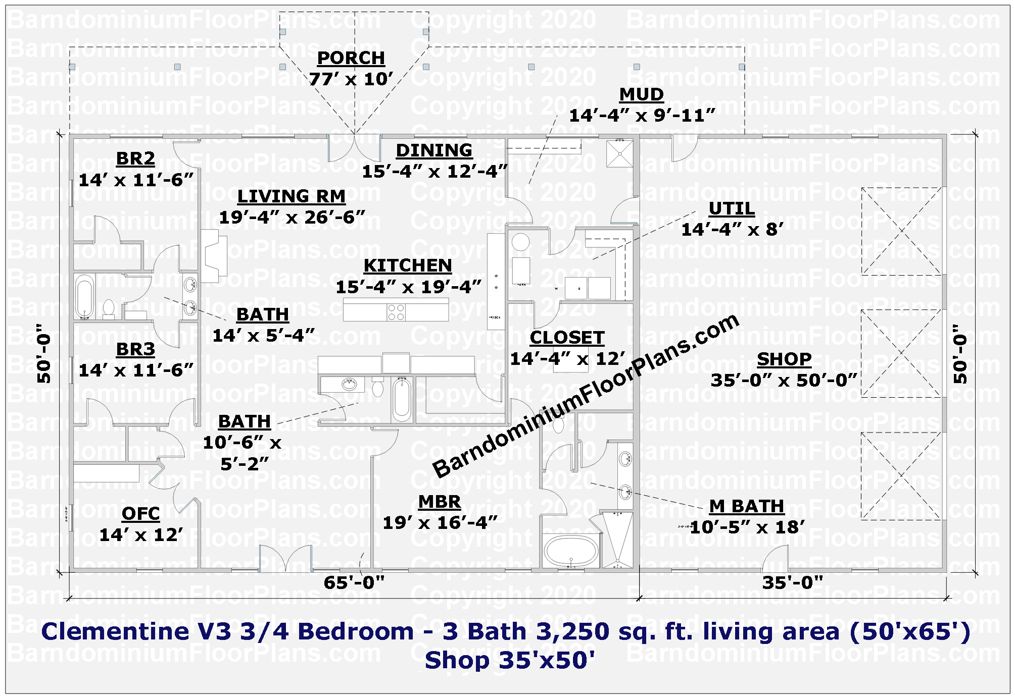 Clementine V3 3 or 4 Bedroom 3 Bath 3,250 sq. ft. Barndominium Floor Plan
