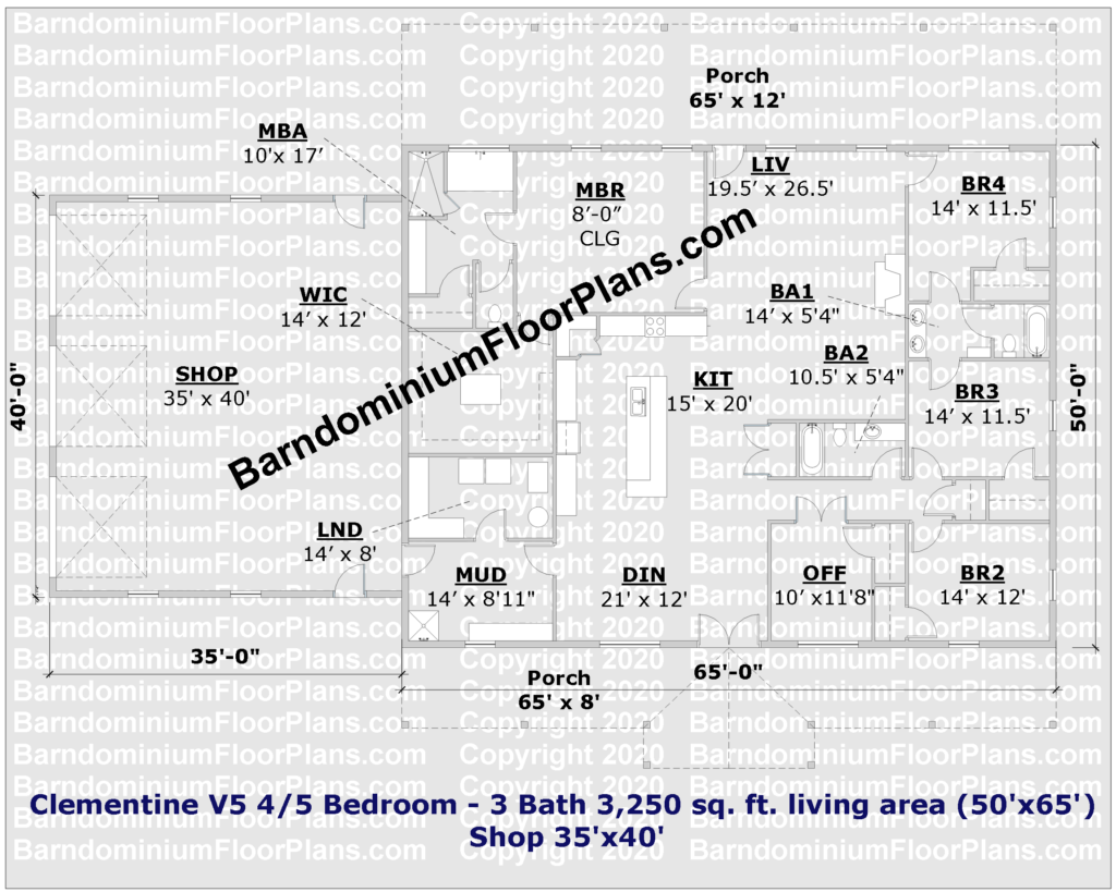Clementine V5 4 or 5 Bedroom 3 Bath 3,250 sq. ft. Barndominium Floor Plan