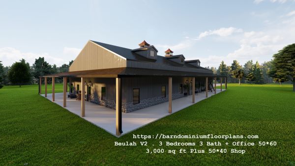 beulah version2 barndominium 3d rendering leftview wrap around porch