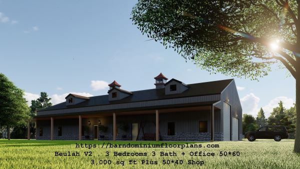 beulah version2 barndominium 3d rendering with shop 3000 sq ft floor plan