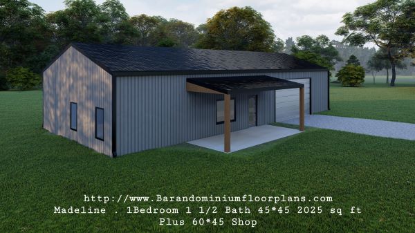 madeline barndominium 3d rendering left sideview with shop 2025 sq. ft floor plan