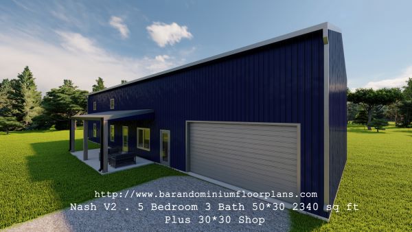 nash version2 barndominium 3D rendering plus shop and porch