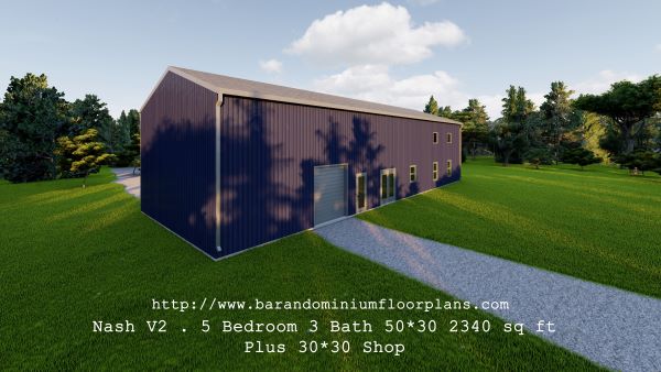 nash version2 barndominium 3D rendering backview shop access