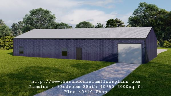 jasmine barndominium 3D rendering 2000 sq ft Floor Plan with master off the side plus shop
