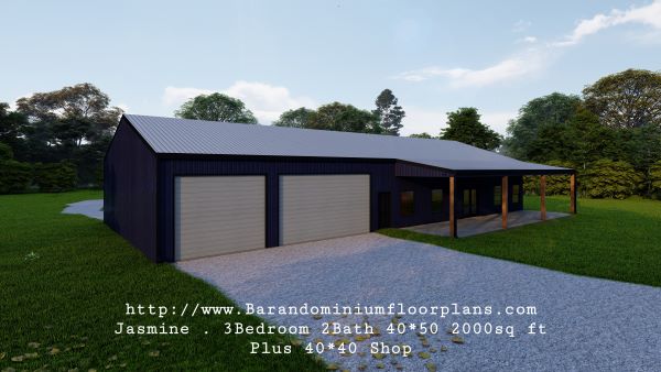 jasmine barndominium 3D rendering 2000 sq ft Floor Plan with shop