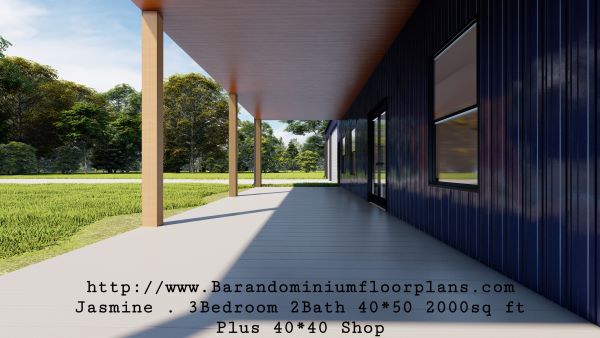 jasmine barndominium 3D rendering porch 2000 sq ft Floor Plan 
