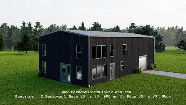 Beatrice barndominium 3d rendering 2 bed 1 bath 900 sq.ft Floor plan with kitchen island plus shop