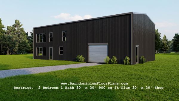 Beatrice barndominium 3d rendering front view with shop 2 bed 1 bath 900 sq.ft Floor plan