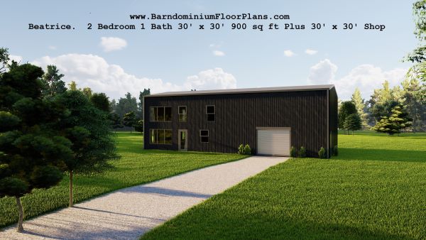 Beatrice barndominium 3 rendering frontview 2 bed 1 bath 900 sq ft Floor plan