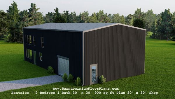 Beatrice-barndominium-3d-rendering-top-view-left-side-2-bed-1-bath-900-sq-ft