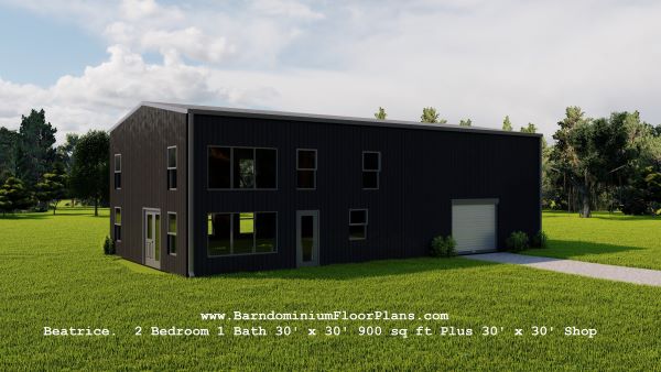 Beatrice-barndominium-3d-rendering-with-shop-2-bed-1-bath-900-sq-ft-Floor-plan