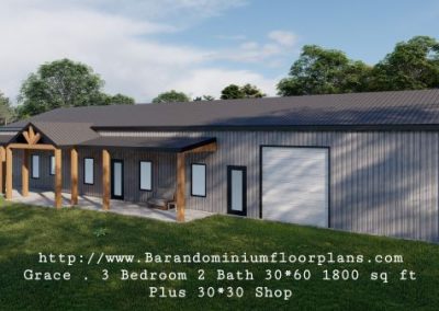 barndominiumfloorplans-Grace-Barndo-30-foot-wide-3d-Rendering-3Bed – 2Bath-plus-shop
