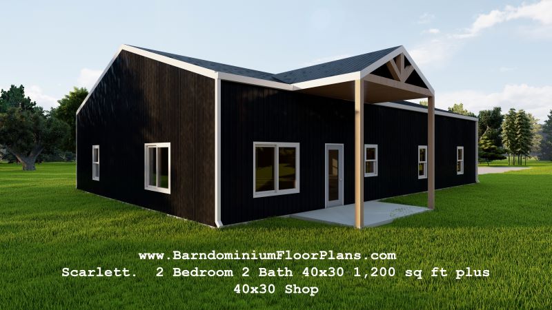 Scarlet-Barndominium-3d-rendering-1200-sq-ft-Floor-Plan-2-Bed-2-Bath-plus-Shop-1