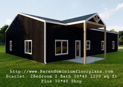 Scarlet-Barndominium-3d-rendering-1200-sq-ft-Floor-Plan-2-Bed-2-Bath-Master-Bedroom-plus-Shop