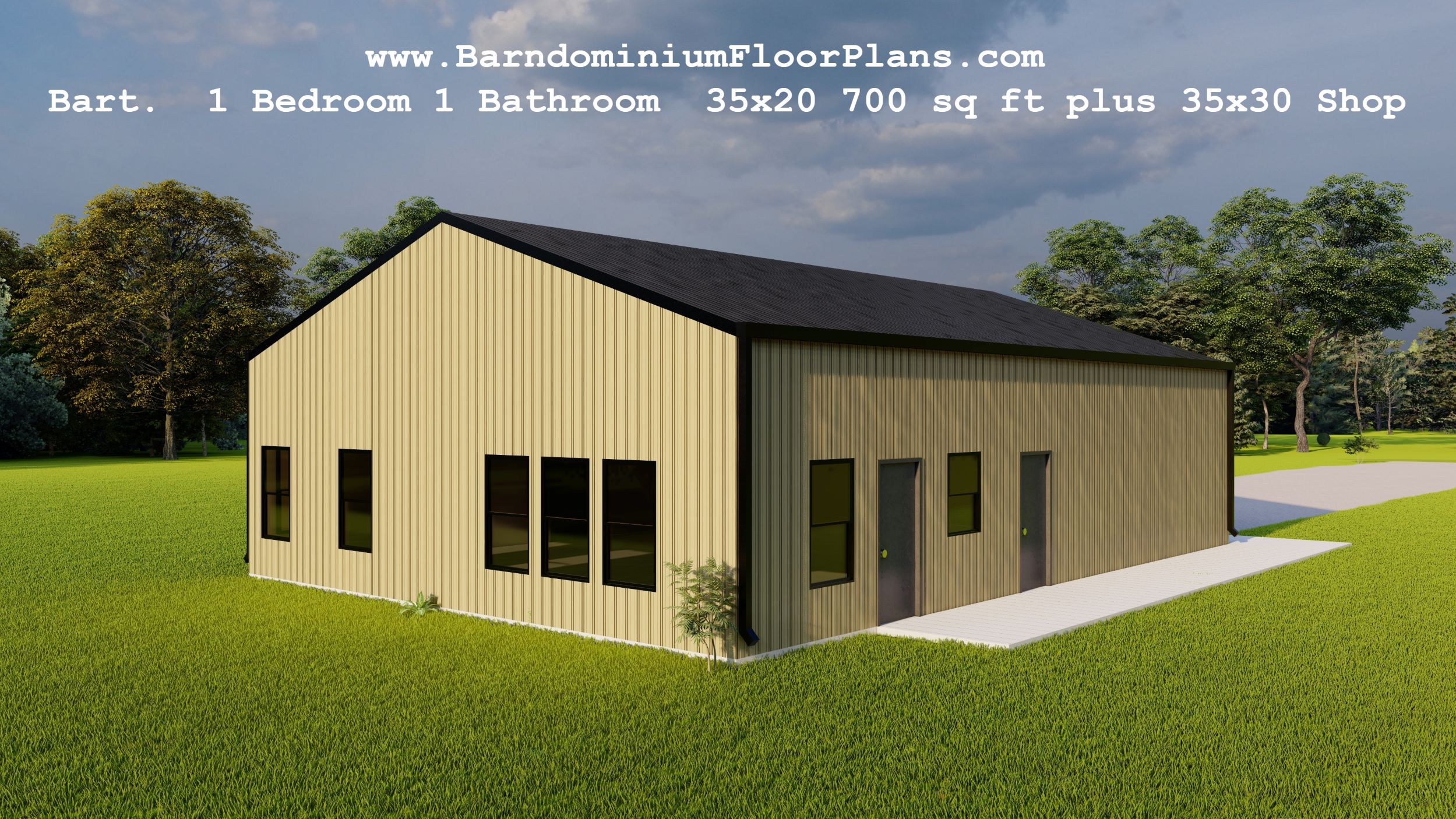 bart-barndominium-3d-rendering-leftview-700-sq-ft-1bed-1bath-with-laundry-closet-plus-shop-1