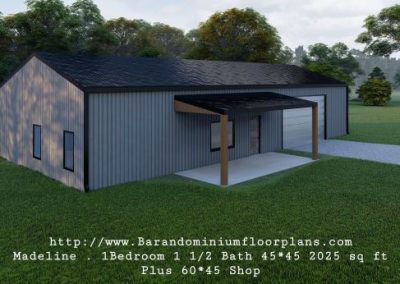 madeline-barndominium-3d-rendering-1Bed-1.5 Bath–2025-sq-ft-floor-plan-with-Drive-Through-Garage