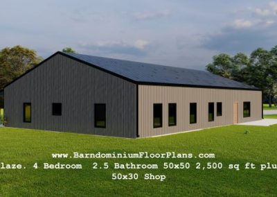 Blaze-Barndominium-3d-render-sideview-4Bedroom-2.5Bathroom-50x50-2500-sqft-plus-50x30-Shop