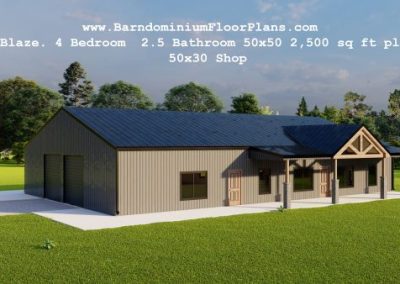 Blaze-Barndominium-3d-render-topview-4Bedroom-2.5Bathroom-50x50-2500-sqft-plus-50x30-Shop