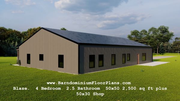 Blaze-Barndominium-3drender-Leftview-4Bedroom-2.5Bathroom-50x50-2500-sqft-plus-50x30-Shop
