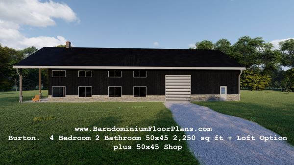 Burton-barndominium-3drender-backview-4Bedroom-2Bathroom-50x45-2250-sqft-plus-Loft-Option-plus-50x45-Shop