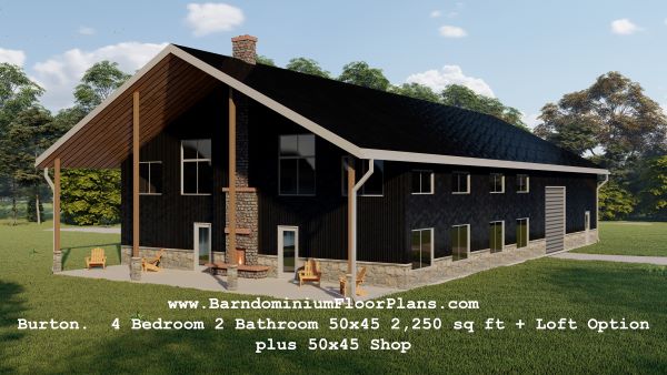 Burton-barndominium-3drender-frontview-4Bedroom-2Bathroom-50x45-2250-sqft-plus-Loft-Option-plus-50x45-Shop