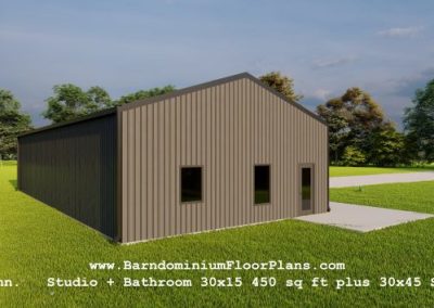 Flynn-3dRender-sideview-Studio-plus- Bathroom-30x15- 450-sqft-plus- 30x45-Shop