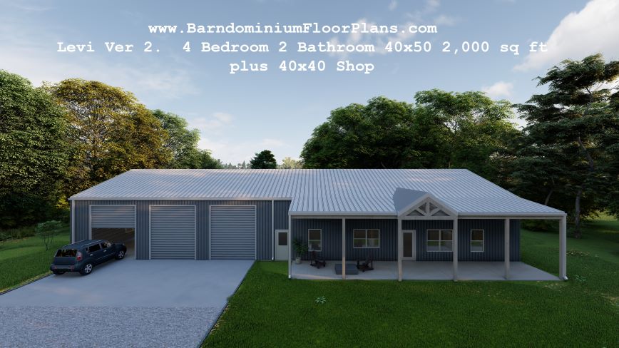 Levi-Version2-barndominium-3d-render-frontview-4 Bed-2Bath-40x50- 2000-sqft-plus- 40x40-Shop