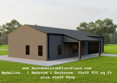 Madeline-barndo-3drender-left-sideview-1Bed-1 Bath-30x30-900- sqft-plus-40x30-Shop