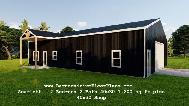 Scarlet-Barndominium-3d-rendering-right-sideview-1200-sq-ft-Floor-Plan-2-Bed-2-Bath-plus-Shop