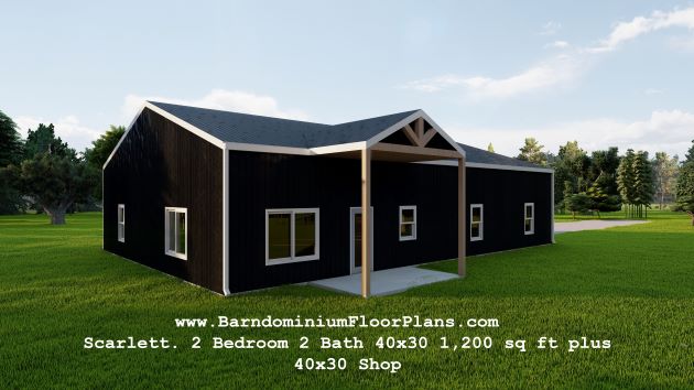 Scarlett-barndominium-3drender-2 Bedroom-2Bath 40x30-1,200-sqft- plus-40x30-Shop