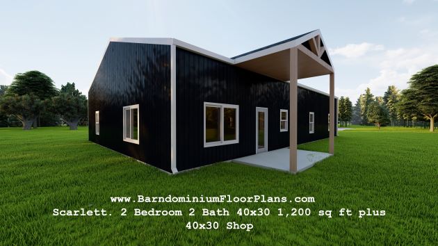 Scarlett-barndominium-3drender-porch-2Bed-2Bath-40x30-1,200-sqft- plus-40x30-Shop