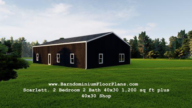 Scarlett-barndominium-3drender-sideview-2Bed-2Bath-40x30-1,200-sqft- plus-40x30-Shop