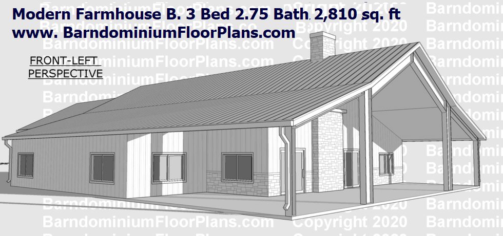 Modern Farmhouse Barndominium Floor Plan Version B 3D Rendering