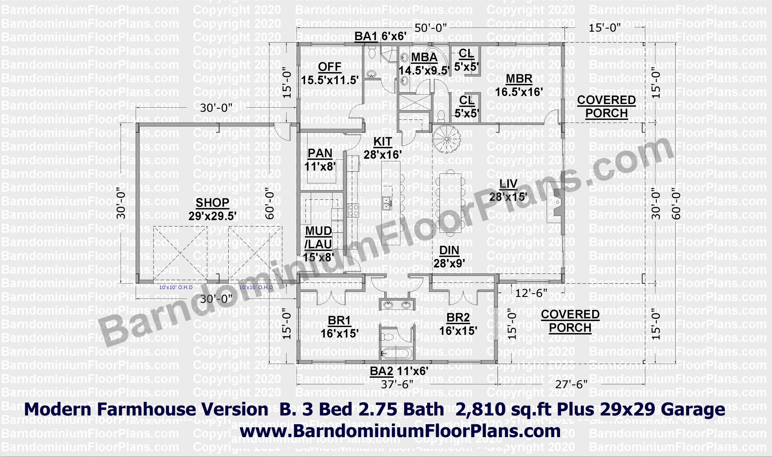 Modern Farmhouse Barndominium Version B 2810 sq.ft Floor Plan