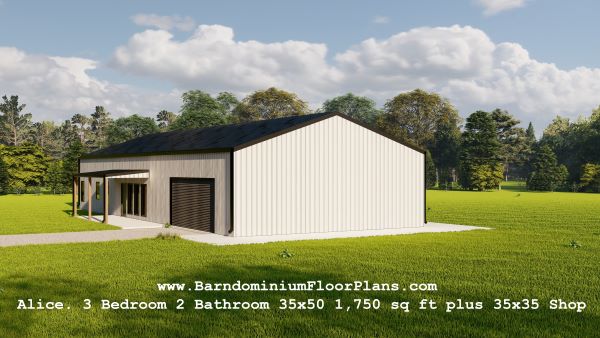 Alice-barndominium-backview-sideview-3 Bed-2Bath-35x50-1750-sqft-plus-35x35-Shop