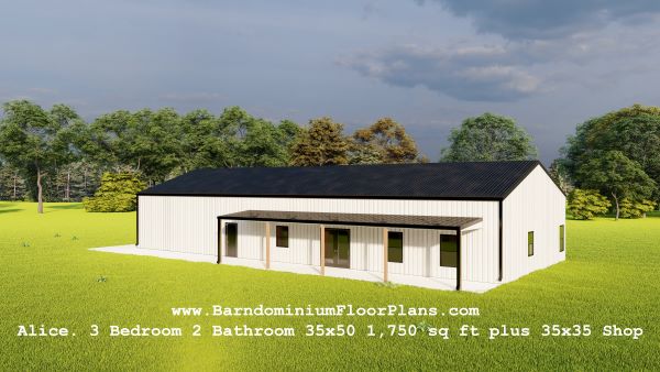 Alice-barndominium-front-back-porch-3 Bed-2Bath-35x50-1750-sqft-plus-35x35-Shop