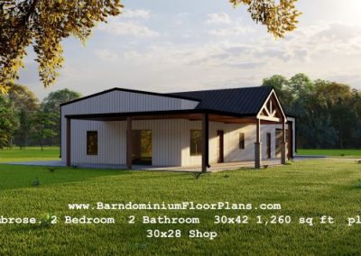 Ambrose-barndominium-3drender-2Bedroom-2Bath-30x42-1260-sqft-plus-30x28-Shop