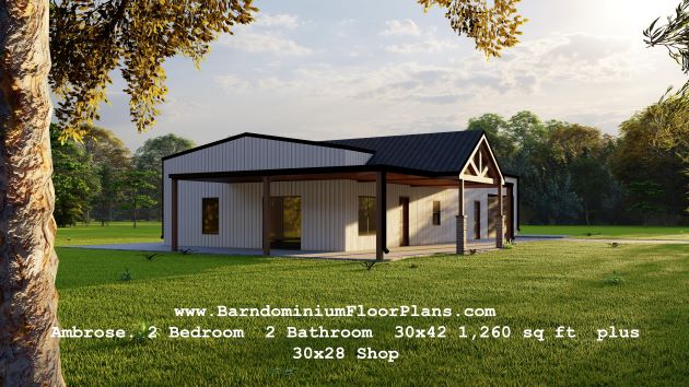 Ambrose-barndominium-3drender-2Bedroom-2Bath-30x42-1260-sqft-plus-30x28-Shop